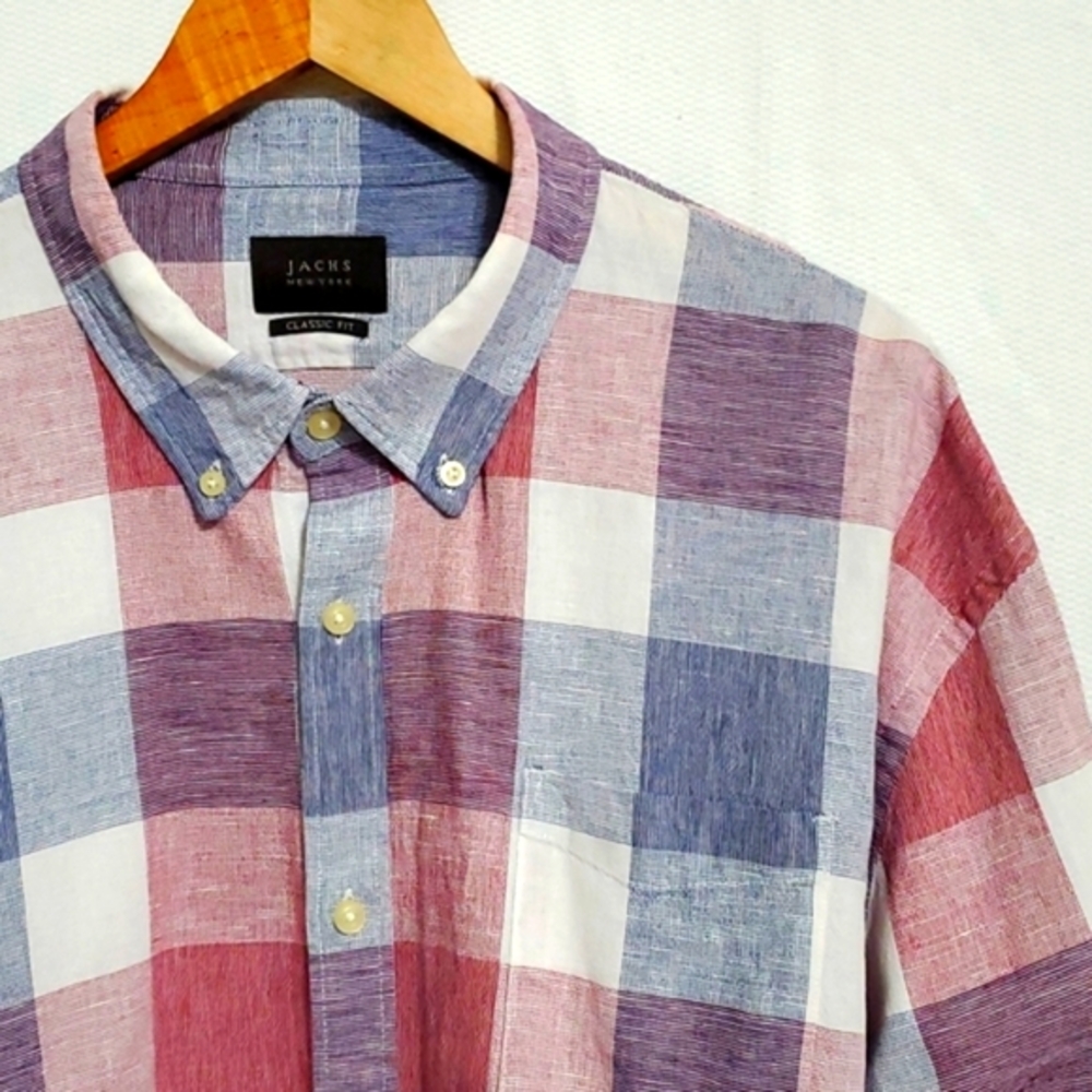 Jachs NY Linen Blend Plaid Longsleeve Button Down Shirt 3XL